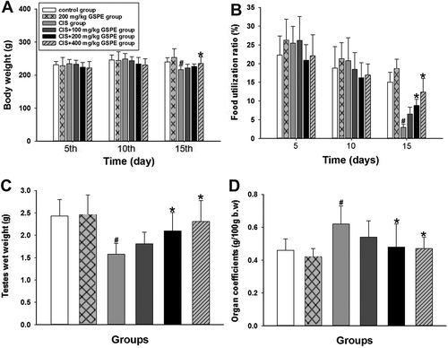 Figure 1. Protective effects of GSPE on CIS-induced basic toxicity in male rats. (A) dynamic changes of the body weight in the 5th day, 10th day and 15th day, (B) dynamic changes of the food utilization rate (the amount of weight gain/food intake × 100%) within 5 days, 10 days and 15 days, (C) alterations of the total wet weight of bilateral testes and (D) alterations of the testes coefficient to body weight (testicular wet weight/body weight). Values are expressed as mean ± standard deviation (n = 8). Data analysis was performed using multiple comparisons (LSD t-test or Dunnett’s t-test). # GSPE, CIS groups versus the control group, * CIS + GSPE groups versus the CIS group (p < 0.05). CIS: Cisplatin, GSPE: grape seed procyanidins extract.