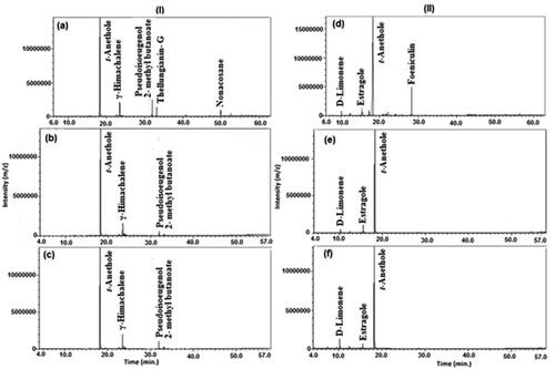 Figure 1. GC-MS analysis of volatile oils of (I) anise and (II) star anise extracted by different techniques, (a, d) solvent extraction, (b, e) microwave-assisted extraction, and (c, f): hydro-distillation, showing the predominance of trans-anethole in both oils.