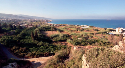Fig. 2. View of Tell Koubba I, looking southwards from the top of the raised beach deposits. The red arrow indicates the position of the section cleaning operation, the black arrow the highest part of the site.