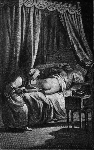 Figure 5. A French drawing of a nurse administering an enema to a bed-ridden patient, circa 1800. Courtesy of the Wellcome Collection.