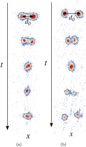 Figure 14. Experimentally observed collisions between moving isotropic QDs: (a) merger of slowly moving droplets; (b) passage of fast moving ones. The figure is borrowed from ref [Citation96].