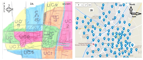 Figure 2. Union councils of Larkana city (A) and water sampling points (B).