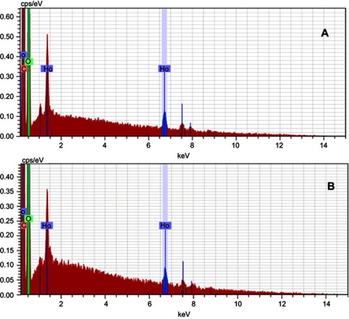 Figure 6 The EDS spectra of (A) PHB-HV 5%/Ho(acac)3-MS; and (B) PHB-HV8%/Ho(acac)3-MS, both acquired in Tabletop Microscope TM3000.Abbreviatons: EDS, energy-disperSive x-ray; PHB-HV, poly(3-hydroxi-nutyrate-co-3-hydroxy-valerate); MS, microspheres.