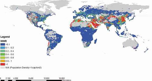 Figure 7. Spatial distribution of water stress represented by withdrawal-to-available-water ratio (WWR).