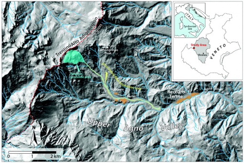 Figure 1. Location of the Rotolon landslide within the Upper Agno Valley. The three villages threatened by the 2010 debris flow are shown.