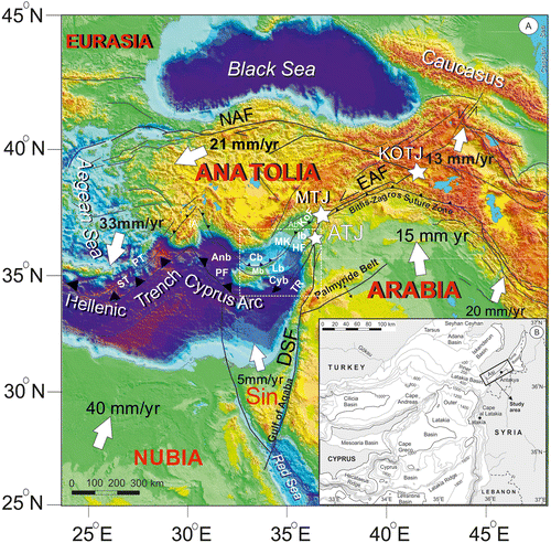 Figure 1. A. Simplified tectonic setting of the eastern Mediterranean and surroundings, complied from Hall et al. (Citation2005) and Reilinger et al. (Citation2006). KOTJ: Karlıova Triple Junction, MTJ: Kahramanmaraş (or Türkoğlu) Triple Junction, ATJ: Amik Triple Junction, DSF: Dead Sea Fault, EAF: East Anatolian Fault, NAF: North Anatolian Fault, Sin: Sinai Block, ST: Strabo Trench, PT: Pliny Trench, Anb: Antalya Basin, Cb: Cilicia Basin, Mb: Mesaoria Basin, Lb: Latakia Basin, Cyb: Cyprus Basin, TR: Tartus Ridge, HF: Hatay Fault, MK: Misis-Kyrenia Fault Zone, Ab: Adana Basin, Ib: Iskenderun Basin, KOF: Karataş-Osmaniye Fault, PF: Paphos Fault. The white arrows and their corresponding numbers indicate the plate velocities relative to the Eurasian Plate, as derived from the GPS data. The black lines indicate major faults, and the arrows along the faults indicate offset direction. Hatched black lines with triangles indicate subduction zones. Hatched white rectangle shows location of inset map. B. The detailed bathymetry in the eastern Mediterranean Sea (after Hall et al., Citation2005). Black rectangle shows study area.