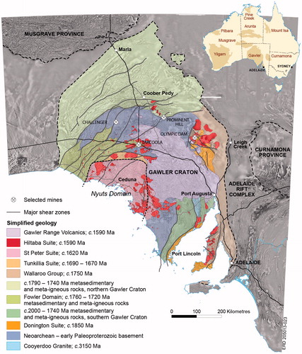 Figure 1. Interpreted crystalline basement map of the Gawler Craton showing the location of the St Peter Suite. Inset shows the location of the Gawler Craton within Australia and some of the major Archean–Proterozoic terranes of Australia.