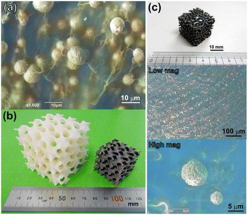 Figure 11. (a) A SEM image of the nanoporous Cu microspheres dispersed among the cellulose nanofibers. (b) A photograph of the gyroid shapes fabricated from acrylonitrile butadiene styrene (ABS) resin (left) and Ti–6Al–4V alloy (right). (c) A photograph of the randomly selected porous ABS resin composited with dispersed nanoporous Cu microspheres. The SEM surface images were obtained both at low and high magnifications.