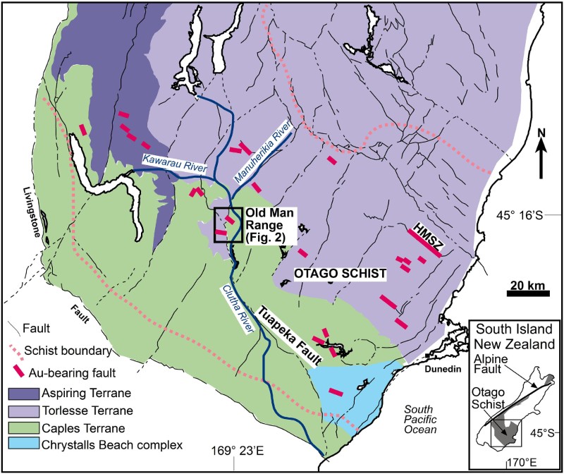 Figure 1 Geological location map of the Old Man Range and its protolith basement terranes (modified after Mortimer Citation1993; Turnbull Citation2000; MacKenzie & Craw Citation2005). Principal orogenic gold deposits, including the Hyde-Macraes Shear Zone (HMSZ), are also shown.