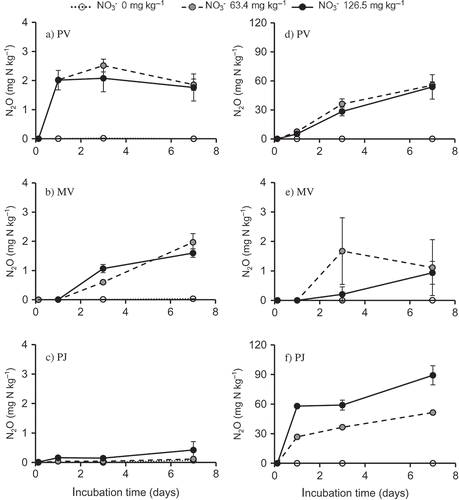 Figure 1 Accumulated nitrous oxide (N2O) emissions (mg N kg–1) in (a) PV, (b) MV, and (c) PJ soils and nitrogen (N2) emissions (mg N kg–1) in (d) PV, (e) MV, and (f) PJ soils during 7 d incubation at 25°C. Bars indicate standard deviation, n = 3. Note: N2O emission (mg N kg–1) was measured in the incubation bottle without acetylene (C2H2). N2 emission (mg N kg–1) was calculated by the differences in N2O emissions during 7 d incubation with and without C2H2. PV, paddy soil from Vietnam; MV, mangrove soil from Vietnam; PJ, paddy soil from Japan.