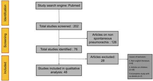 Figure 5 STROBE diagram depicting the selection process stepwise during the literature search for articles on nonspontaneous pneumorachis.