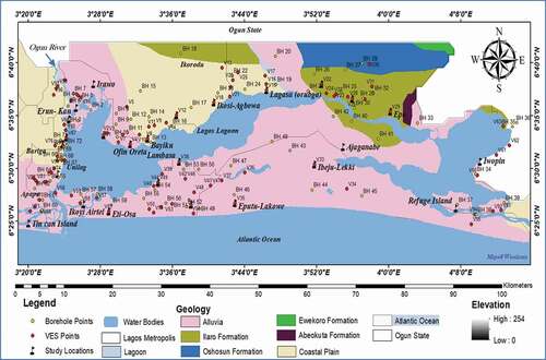 Figure 1. Map of the study area showing borehole points, VES points and elevation (Nigeria Geological Survey Agency Citation2006 and Agagu 1985)