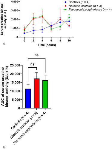 Figure 2. (a) Plot of serum creatine kinase activity (mean ± SEM) over time (0–10 h) and (b) area under the activity-time curve (AUC) of serum creatine kinase in rats administered Notechis scutatus venom, Pseudechis porphyriacus venom or normal saline (controls). ns = not significant compared to controls (one-way ANOVA, followed by Bonferroni t-test).