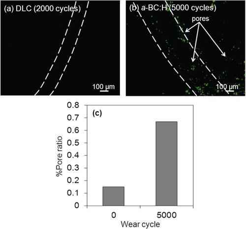 Figure 17. Fluorescence microscopy images of (a) DLC and (b) a-BC:H worn films after fluorescent boundary lubricated sliding test and (c) graph of pore ratio before and after wear test.