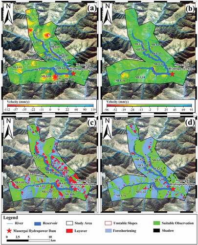 Figure 4. (a) SBAS-InSAR displacement rate results of the Maoergai reservoir in ascending orbiting; (b)sbas-InSAR displacement rate results of the Maoergai reservoir in descending orbiting; (c) Geometric distortion of the ascending orbiting; (d) Geometric distortion of the descending orbiting.