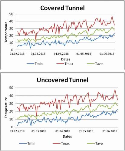 Figure 2. Difference in minimum (Tmin), maximum (Tmax) and average (Tave) temperatures during growing period in covered and uncovered tunnels