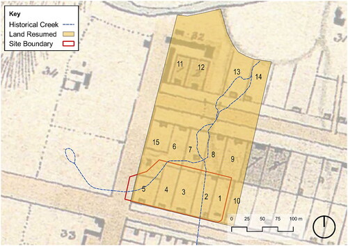 Figure 3. Resumed domain area with interpreted allotments to be resumed. The 1804 Plan of Parramatta has been overlayed (Source: The National Archives UK, Citation1804, Map CO.700.22), with the allotments likely to be included in the resumption highlighted in orange and numbered to allow correlation with Table 1.