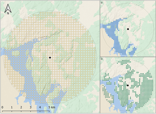 Fig. 5. The entire grid to the left, with information on (top) point IDs and demonstration of how the points can be used to read the cardinal directions, and the grid clipped to layers of the variables sea (a) and forest (b) from one of the analysed settlement sites. The clipped data are exported as tables, holding information on the site numbers, variable numbers, individual point IDs, and the points distance from the site, and unified in access. The individual point IDs increase from left to right, making it possible to derive information on the cardinal direction of variables in relation to the settlement site, but also to each other – either at a large or on a more singular level (illustration by author).