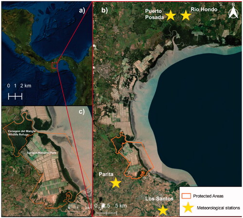 Figure 1. Location of the study area showing (a) the study site in Parita Bay, Panama; (b) the locations of the meteorological stations in the study site; and (c) the location of the protected areas: Cenegon de Mangle Wildlife Refuge and Sarigua National Park. Source: ESRI satellite. Quick Map Services.