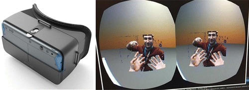 Figure 12. Left image shows an interactive mixed-reality device incorporating RealSense and visual-inertial spatial motion tracking technology. The image on the right shows an example of mixed reality capability of the device, where the 3D images of the user's hands as well as a person standing in front of the user are brought into the virtual world. This capability is also used to allow the user to avoid colliding into physical objects.