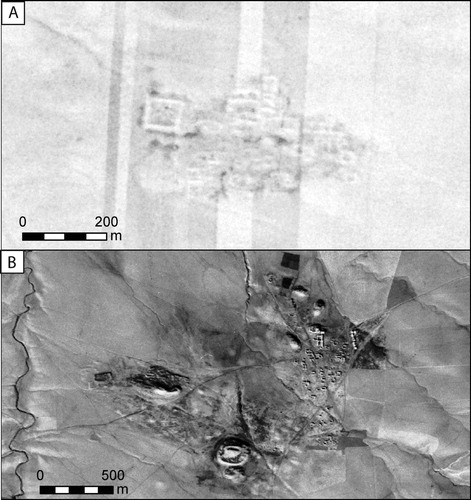 Figure 3. (A) CORONA imagery is sufficiently high-resolution to reveal architectural details, as at the early medieval site of Khirbet Dihman in northern Syria. (B) CORONA is captured in the late afternoon so that topographic features appear clearly, as at the multi-mound cluster of Tell Bokha, northern Iraq (CORONA imagery courtesy United States Geological Survey).