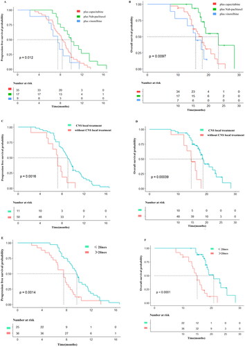 Figure 2. Kaplan-Meier estimates of progression-free survival (PFS) and over survival (OS) for patients stratified by treatment regimens. (A) PFS according to pyrotinib plus Nab-paclitaxel (median PFS = 10.0 months; 95% CI:8.49–11.51 months), pyrotinib plus capecitabine (median PFS = 8.3 months; 95% CI:7.24–9.36 months), pyrotinib plus vinorelbine (median PFS = 7.5 months; 95% CI:4.87–10.13 months). (B) OS according to pyrotinib plus Nab-paclitaxel (median OS = 23.3 months; 95% CI:17.49–29.11 months), pyrotinib plus capecitabine (median OS = 18.0 months; 95% CI:15.81–20.19 months), pyrotinib plus vinorelbine (median OS = 15.8 months; 95% CI:13.46–18.14 months). (C) PFS according to with CNS local treatment (median PFS = 9.0 months; 95% CI:8.07–9.92 months), PFS according to without CNS local treatment (median PFS = 7.2 months; 95% CI:6.26–8.14 months). (D) OS according to with CNS local treatment (median OS = 18.7 months; 95% CI:17.43–19.96 months), OS according to without CNS local treatment (median OS = 14.6 months; 95% CI:12.04–17.16 months). (E) PFS according to ≤ 2 lines (median PFS = 9.6 months; 95% CI:8.86–10.34 months), PFS according to >2 lines (median PFS = 7.5 months; 95% CI:6.04–8.96 months). (F) OS according to ≤ 2 lines (median OS = 18.7 months; 95% CI:17.43–19.96 months), OS according to >2 lines (median OS = 14.6 months; 95% CI:12.04–17.16 months).