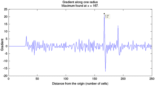 Figure 3. Example of signal intensity gradient along a scanned sector (distance from the origin x = 0 corresponds to the central axis of the sonar probe).