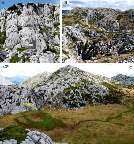 Figure 4. Carboniferous and devonian limestone outcrops in the Sancenas massif showing prominent exokarstic topography. In the highest elevations, as on the northern slope, there are solution channels (A); dolines (B); shafts, uvalas, and poljes (C).