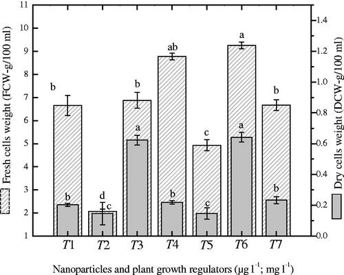 Figure 1. Investigation of fresh and dry biomass (gram/100 ml) in suspended cells of Prunella vulgaris exposed to different ratios of nanoparticles and NAA. The data of mean values and SE were collected from revised independent experiments for each treatment. Mean data with common alphabets are significantly different at p < .05.