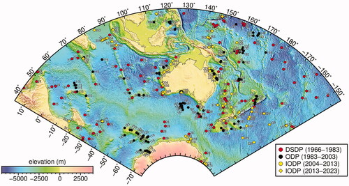 Figure 1. Regional map showing all regional scientific ocean drilling from 1968 to 2018, superimposed on tectonic structure as illustrated by bathymetry. Courtesy of Ron Hackney.
