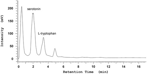 Figure 2. RP-HPLC chromatogram of indole compounds in methanolic extract of Bacopa monnieri biomass from in vitro culture on MS (liquid medium with 1.0 mg/L BAP and 0.2 mg/L NAA) with the addition of 0.1 g/L zinc hydroaspartate (serotonin – RT = 2.08 min.; l-tryptophan – RT = 3.31 min.).