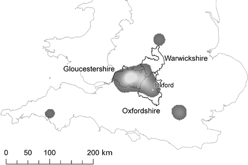 Figure 4. Cotswolds and correspondence with three English counties.