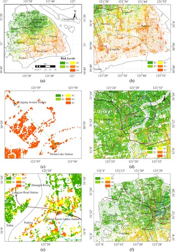 Figure 10. Ground subsidence risk mapping at different scales: (a) the whole city, (b) the southeast part of the map, (c) Line 16 (from Lingang Avenue Station to Dishui Lake Station), (d) the central part of the map, (e) Line11 (from Longyao Road Station to Oriental Sports Center Station), (f) the northwest part of the map.