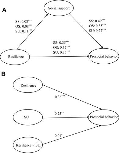 Figure 2 Mediation and moderation models of social support. (A) Mediating role of social support (subject support, objective support, support utilization) in the association between resilience and prosocial behavior. (B) Moderating role of support utilization in the association between resilience and prosocial behavior.