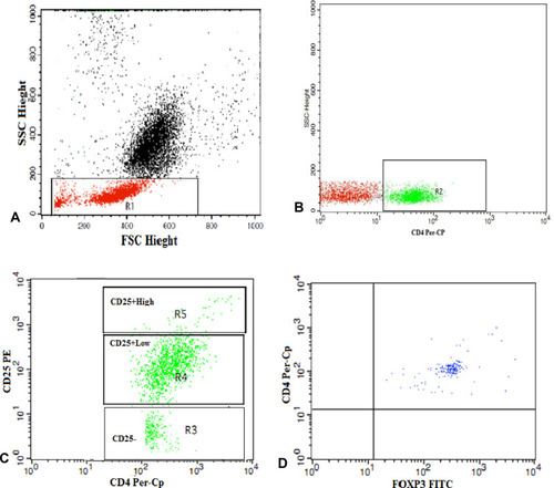 Figure 1 Gating strategy to identify regulatory T cells in peripheral blood. (A) The lymphocyte population was identified based on the forward and side scatter characteristics and was selected by R1. (B, C) CD4+ cells among the gated lymphocytes were selected by (R2) for further analysis on the basis of the level of CD25 expression. (R3), (R4) and (R5) were drawn to identify CD4+cells with no, low and high CD25 expression, respectively. (D) Dot plot representing FoxP3 expression among the CD4+CD25+high cells to detect Tregs (CD4+CD25+high FoxP3+).