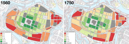 FIG. 14 Assessment of the residential quarters living space in 1560 and 1750 against the background of the development of early modern fortifications. Higher rated building blocks (green) have more desirable living conditions than zones with lower ratings (red)(by M. Legut-Pintal and M. Grosel).