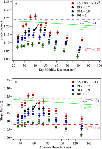 FIG. 5 (a) Dynamic shape factors χ of NaCl particles having dry mobility diameters from 23 to 84 nm and prepared by drying rates ranging from 5.5 ± 0.9 to 101 ± 3 RH s–1at ERH (cf. Table 1). (b) Same as panel a but plotted as the inferred aqueous diameter prior to drying (i.e., by obtaining m p dry from S c and then d ve aq from m p dry for the initial RH values of Table 1). Uncertainty is based on the standard deviation of repeated measurements made on different days for nominally identical conditions (cf. Figure S3). Lines show the expected shape factors χ c , χ fm , and χ t of cubes in the continuum, free-molecule, and transition regimes, respectively (CitationDeCarlo et al. 2004; CitationBiskos et al. 2006c). For orientation, the arrow marks the data point corresponding to the thick line shown in Figure 3 and Figure 4.