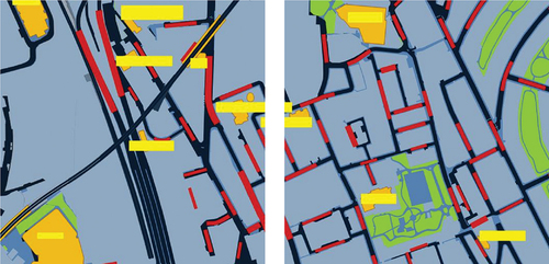 Figure 4. Example of input data for training the deep learning models (before split into channels). The landmark labels (yellow) and road labels (red) are split along the boundaries of neighboring raster maps.