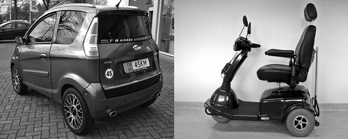 Figure 1. Microcar (left, photo from Garage Vink Asten. Obtained from https://www.garagevink.nl/brommobielcenterbrabant/voorraad-brommobielen/microcar-m-go-brommobiel/, July 2017) Mobility scooter (right).