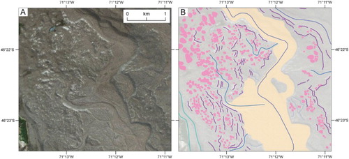 Figure 7. (A) Satellite image (DigitalGlobe 2013; ESRI™) and (B) mapped hummocky terrain on the northern LGC-BA ice lobe margin. These small-scale hummocks are largely chaotic but may be organized into crude arcuate bands (top left of image) that are interspersed with low-relief push moraine ridges.