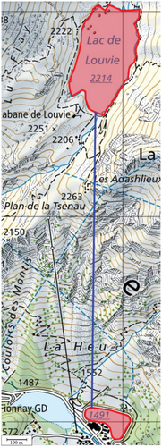 Figure 2. Geographical location of the Louvie–Fionnay reservoirs (red surfaces). The preliminary piping path connecting the two reservoirs is shown with a blue line. Source: Swisstopo.