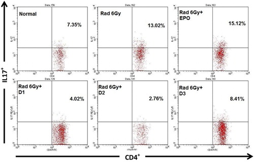 Figure 3. The effect of oral administration of EMSA Eritin on the production of IL-17 by CD4T cells in irradiated mice. Data analysis using flow cytometry. IL-17 produced by CD4+ T cells (CD4+IL-17+) presented as relative number. The data are mean ± SD in each group with p ≤ .05.