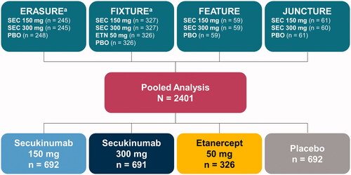 Figure 1. Study population for post hoc analysis. ETN: etanercept; PBO: placebo; SEC: secukinumab. aOne patient from each study was excluded from the pooled analysis as a result of protocol deviations.