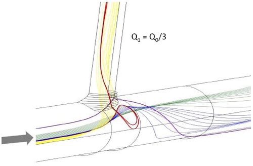 Figure 2. Illustration of the flow separation and streamline reversal zone along the lateral wall of a single aortic branch.