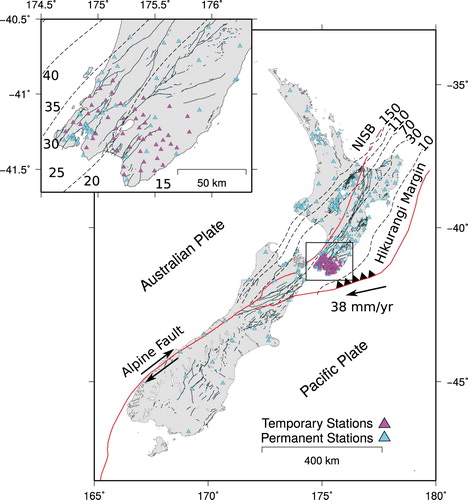 Figure 1. Tectonic overview, permanent (cyan), and temporary (magenta) seismic station locations used to relocate earthquakes. Red lines indicate plate/major tectonic boundaries, including North Island Seismic Belt (NISB) (Coffin et al., Citation1998). Grey lines show active faults (https://data.gns.cri.nz/af/). Dashed lines show depth (km) of subduction plate interface (Williams et al., Citation2013). Black arrow shows relative plate motion between the Australian and Pacific Plates (DeMets et al., Citation1994). Inset: zoomed view of southern North Island, New Zealand, showing density of seismic stations in study area.