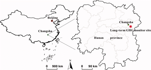 Figure 1. Location of the long-term greenhouse gas monitoring site in Hunan province.