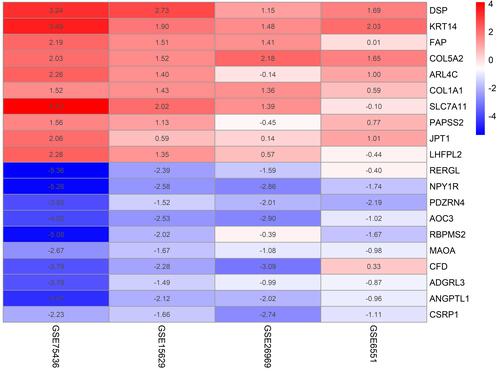 Figure 2 Heatmap of the top ten up-regulated and down-regulated genes in the RRA analysis. Different colors represent the level of gene expression. Red: high expression. Blue: low expression.