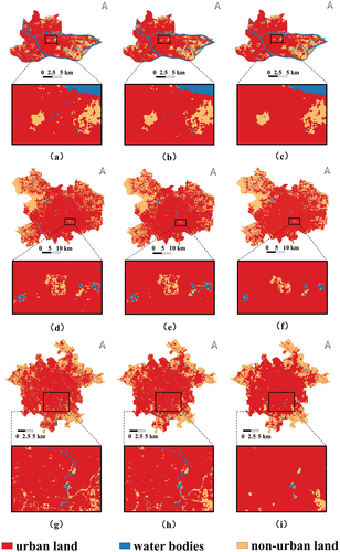 Figure 7. Actual land use and simulation results of the SH-CA and RF-CA for 2015. (a, d, g) Overall and local actual land use for GZM, BJM and CDM. (b, e, h) Overall and local simulation results of the SH-CA model for GZM, BJM and CDM. (c, f, i) Overall and local simulation results of the RF-CA model for GZM, BJM and CDM.