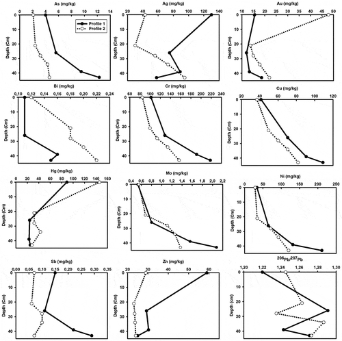 Figure 4. Vertical distribution of selected potentially harmful elements (PHE) and gold in two soil profiles.