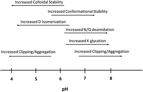 Figure 3. Diagram depicting potential liabilities and their propensity to occur versus solution pH. Arrows depict the direction of increasing propensity for each attribute.